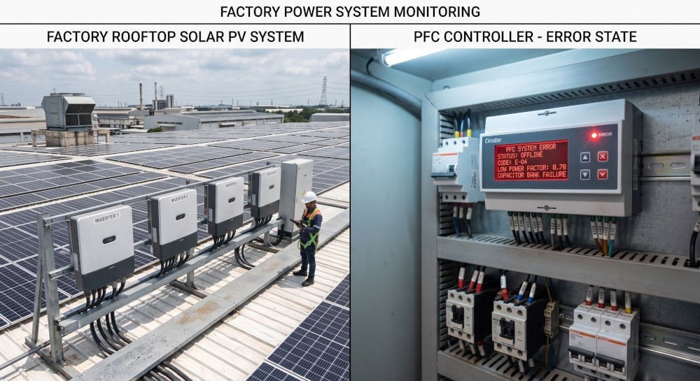 Left: Solar PV inverters on a factory roof; Right: A standard PFC controller showing an error state