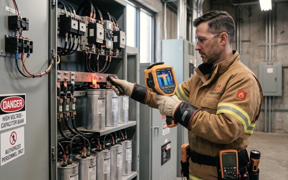 Technician finding loose connections using an infrared thermal imaging camera