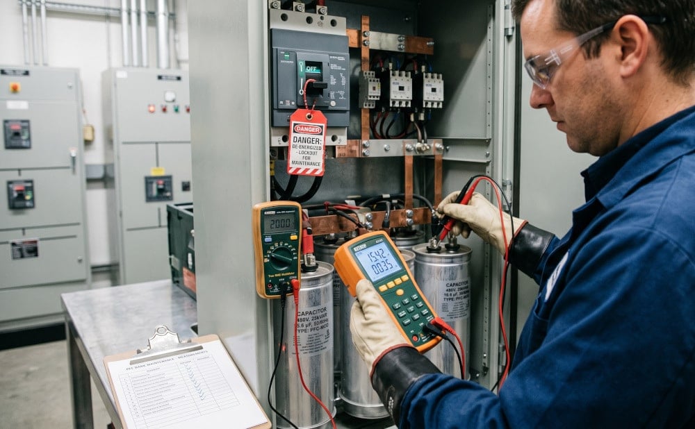 Technician using an LCR Meter on a De-energized Capacitor Bank