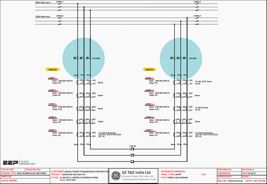 220kV Busbar and Bus Coupler Control and Relay Panel Schematics
