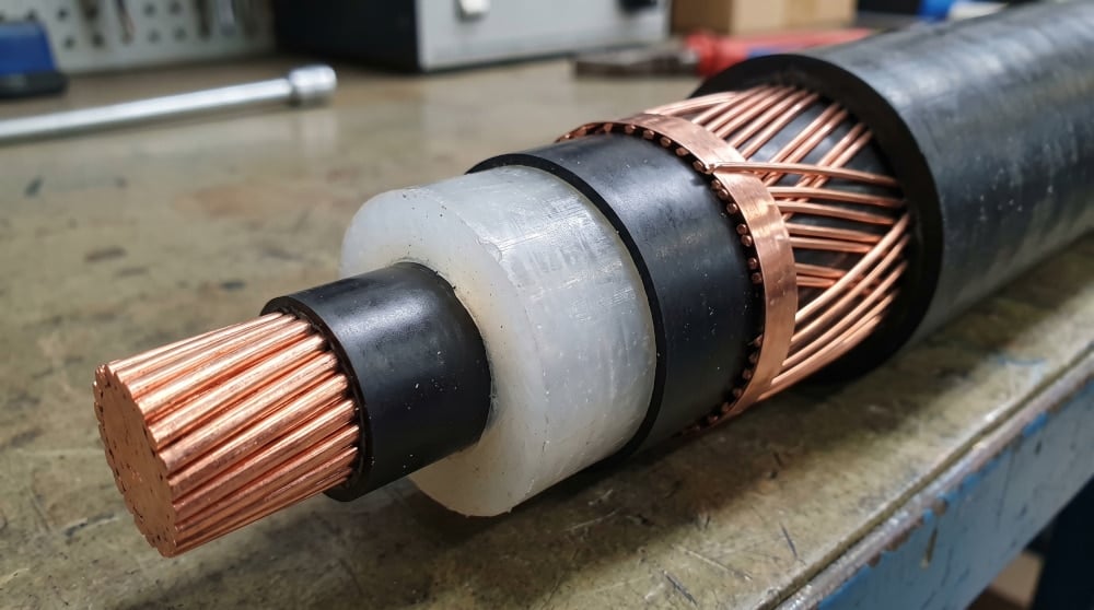 Cross-section of a standard MV cable, showcasing the central copper core, translucent XLPE