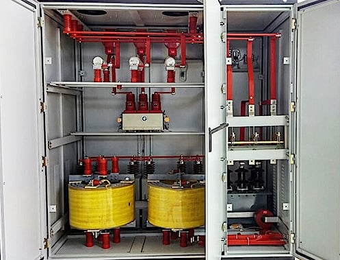 Detuned harmonic filter panel with large iron-core reactors visible at the bottom