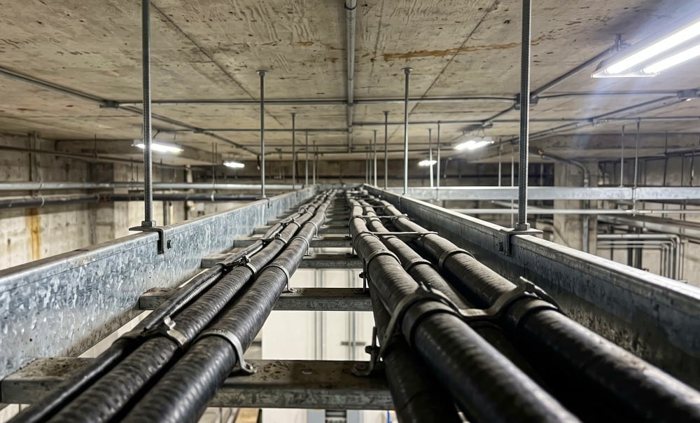 Heavy-duty low voltage armored cables routed along a galvanized tray in an industrial plant. In IT systems, these must withstand sustained overvoltages.