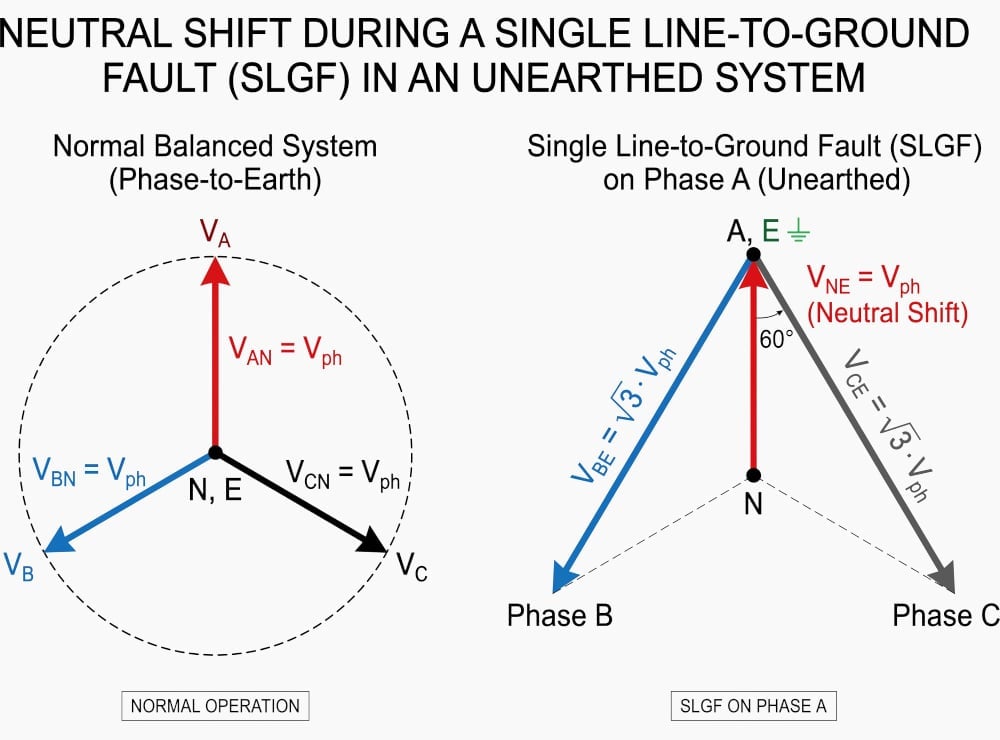 Phasor diagram illustrating the neutral shift during an SLGF in an unearthed network