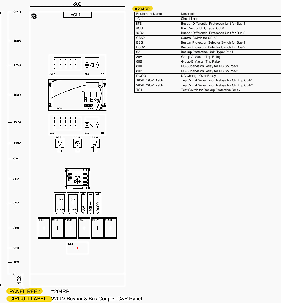 General Arrangement of the 220kV Busbar and Bus Coupler Control and Relay Panel 