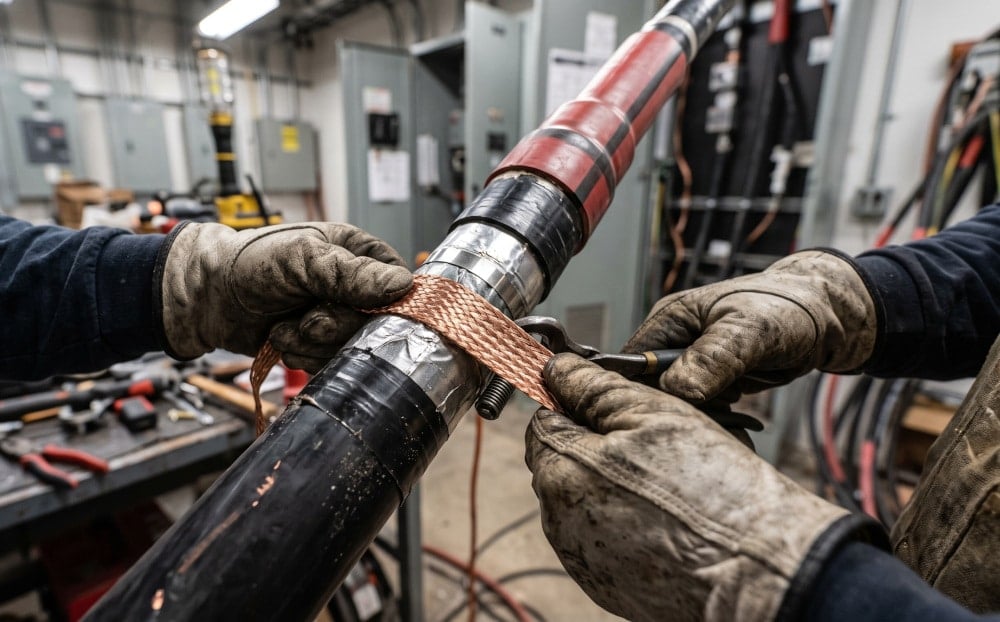 A specialized technician attaching a grounding braid to the copper screen of an MV termination. Precise stress control at this junction is important in unearthed networks.