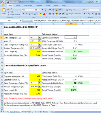 cable electrical calculations calculation motor power software excel current load sheet horse eep engineering voltage motors worksheet specified hp spreadsheet