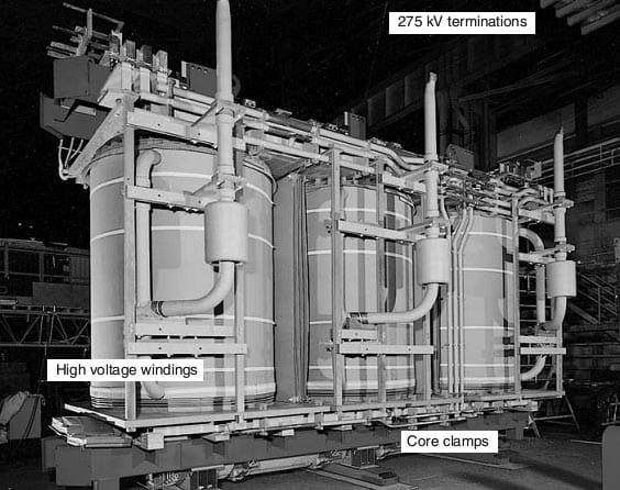 Figure 2 - Core and windings of a 1000 MVA, 400/275 kV transmission transformer