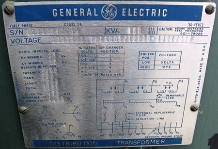 GE distribution transformer nameplate