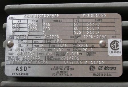 GE motor 250H 4P 460V TEBC nameplate