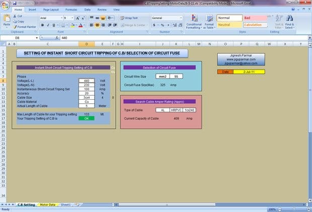 short circuit calculations excel