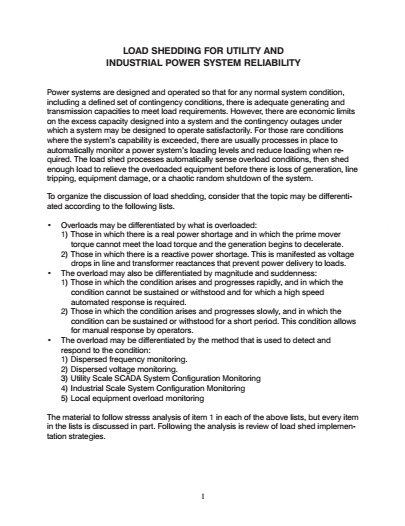 Load Shedding For Utility and Industrial Power System Reliability