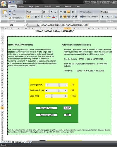 Power Factor Correction Capacitor Chart