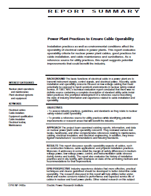 Power Plant Practices to Ensure Cable Operability