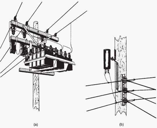 Pole-mounted capacitors. (a) Primary and (b) secondary