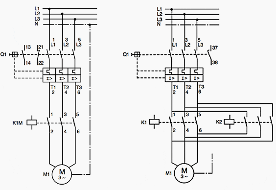 Left - Starter for direct-on-line starting with circuit breaker; Right - Reversing starter with circuit breaker