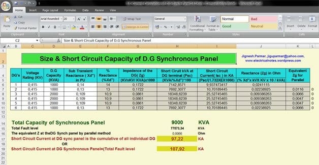 Spreadsheet to Calculate Short Circuit Capacity of Diesel Generator Synchronous Panel