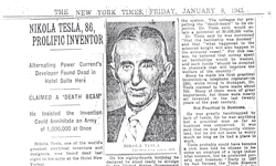 Tesla's death, New York Times 1943