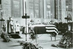 Tesla funeral on January 12, 1943. Tesla casket at St. John the Divine Cathedral in New York City covered with flags of the United States and Yugoslavia