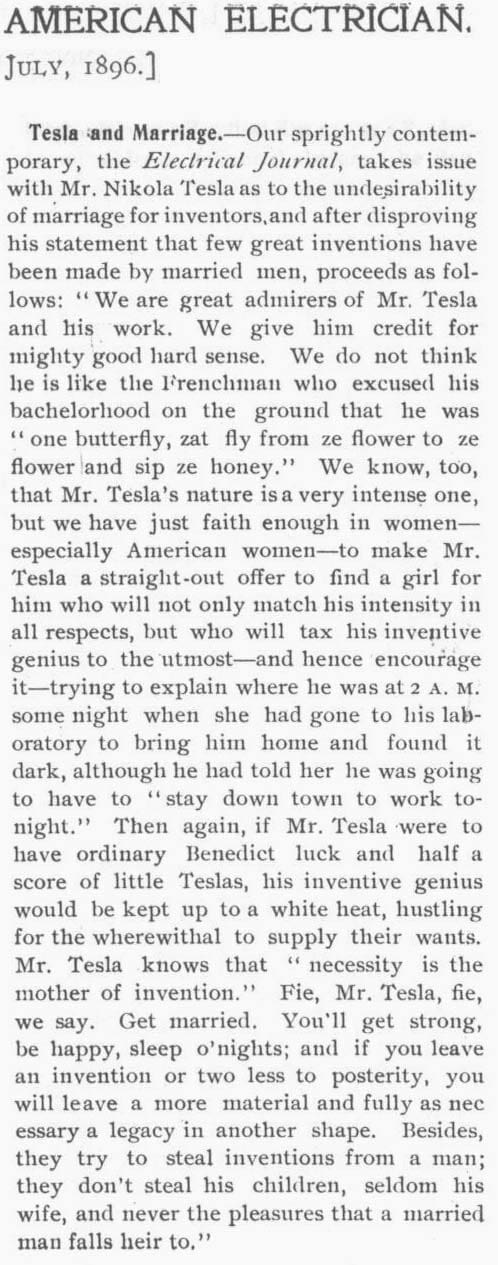 Tesla and Marriage - AMERICAN ELECTRICIAN, July 1, 1896