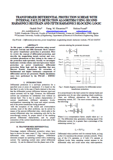 Transformer Differential Protection Scheme With Internal Faults Detection Algorithm