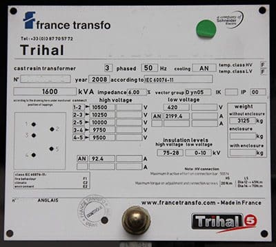 Transformer nameplate with ratings and connections