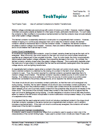 Using of Latched Contactors to Switch Transformers - Siemens